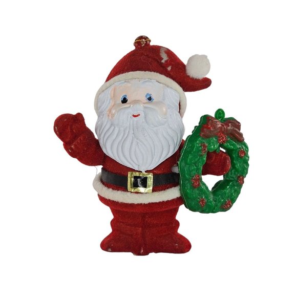 Vintage Flocked Santa Claus Holding Wreath Ornament Christmas Hong Kong - Picture 1 of 9